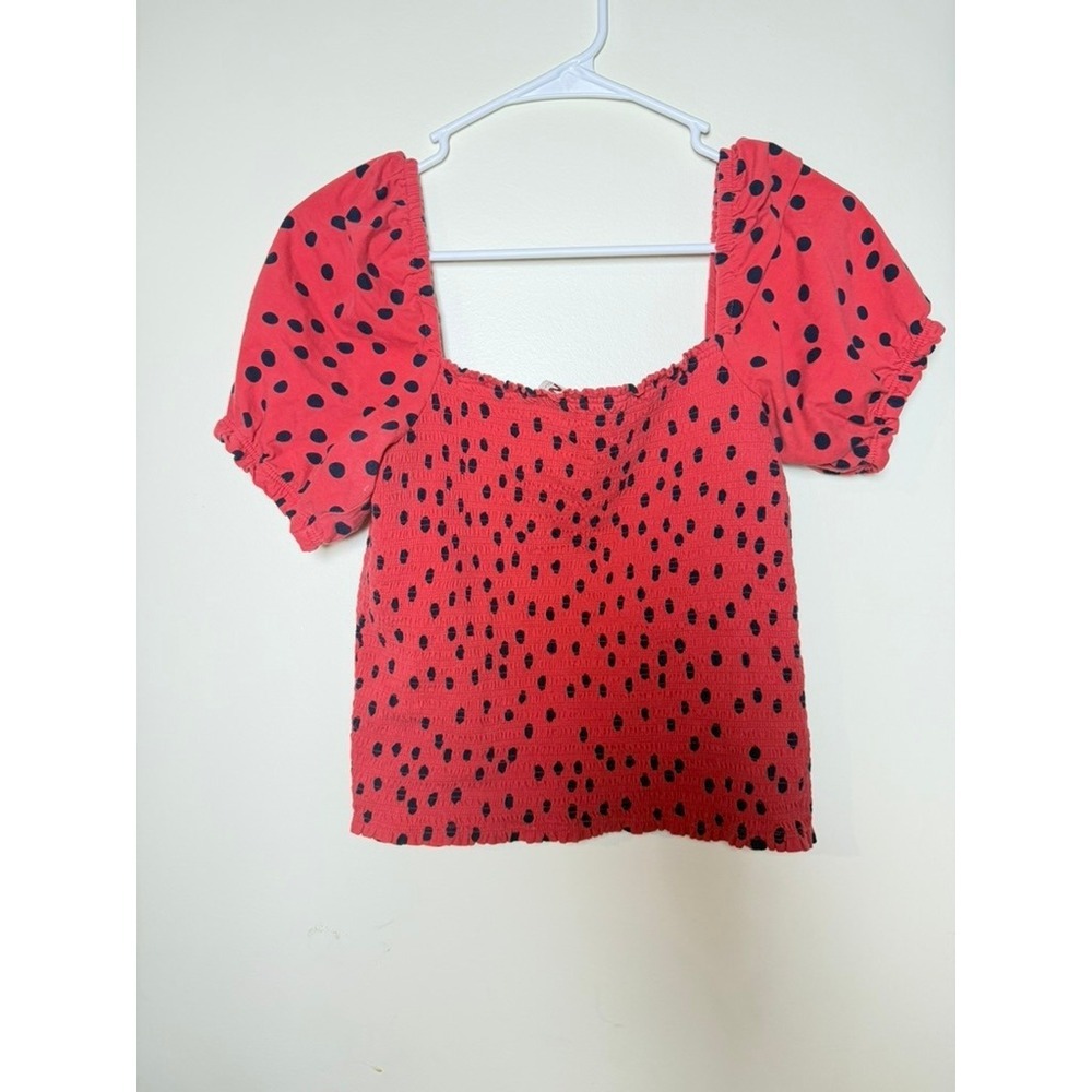 Dolan Left Coast Collection Red Polka Dot Smocked Puff Sleeve Top Womens Medium